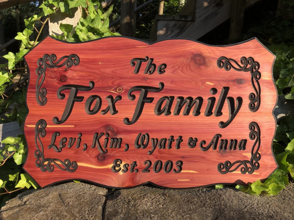 Elegant, Custom Engraved Family Wood Sign with Engraved Scrolls