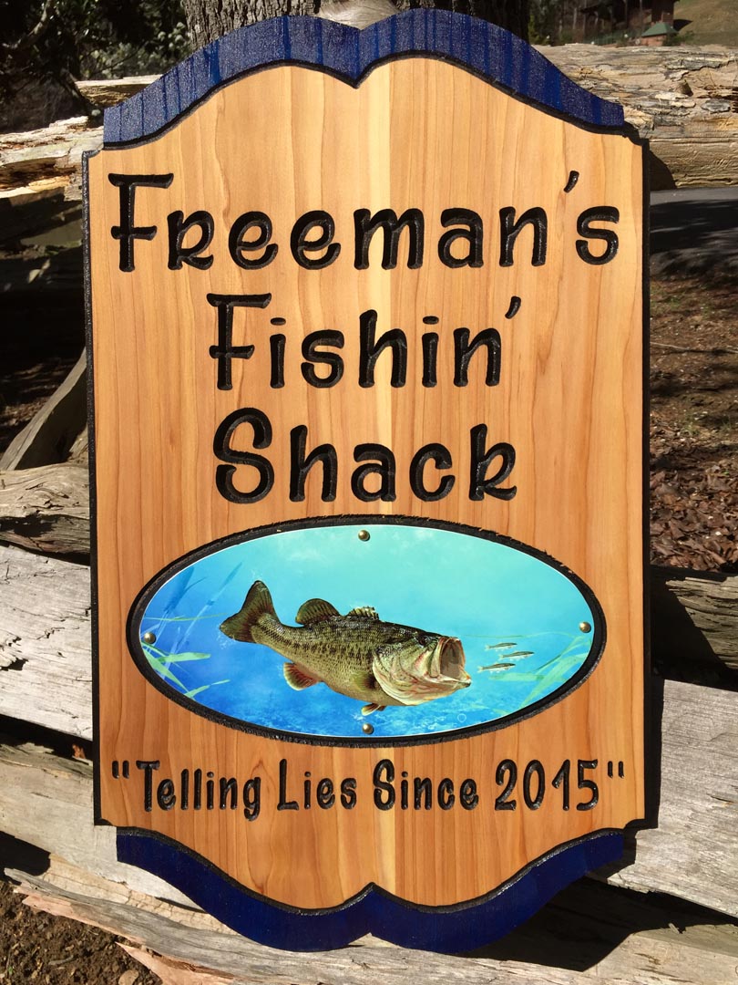 Fishing Shack Wooden Sign with Bass Plaque